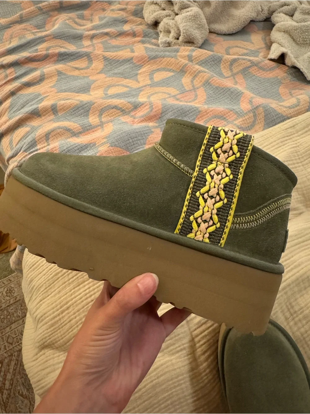 UGG Classic Ultra Mini Platform Boot - Olive with Yellow & Pink Trim